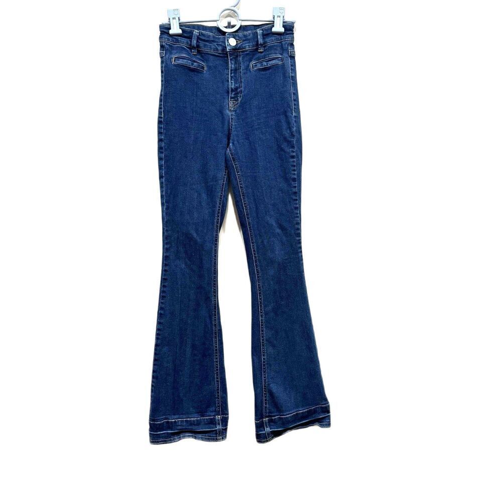 Oasis Kickflare Jeans High Rise Flare Wide Leg Blue Denim Stretch 70s Women sz 4